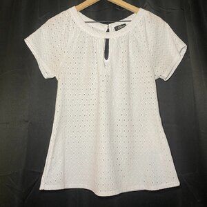 Colette Torrey Keyhole Knit Top Womens M White Eyelets Blouse Career Layer EUC